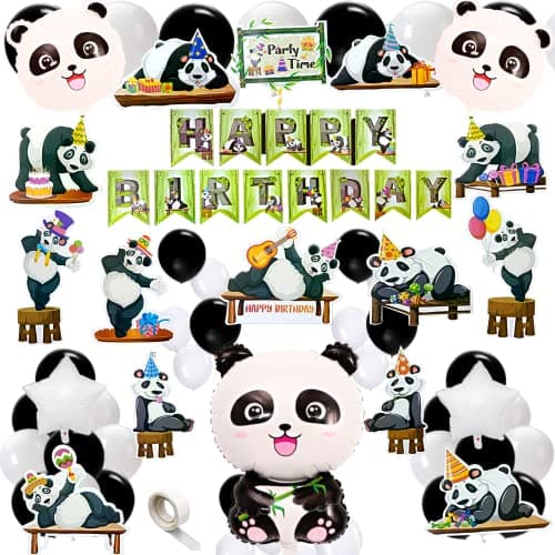FI Flick In Panda Theme Birthday Decoration Kit 63 Pieces | Black & White Balloons Banner Cake Topper Foil Cutouts Party Props for Kids Birthday Celebration