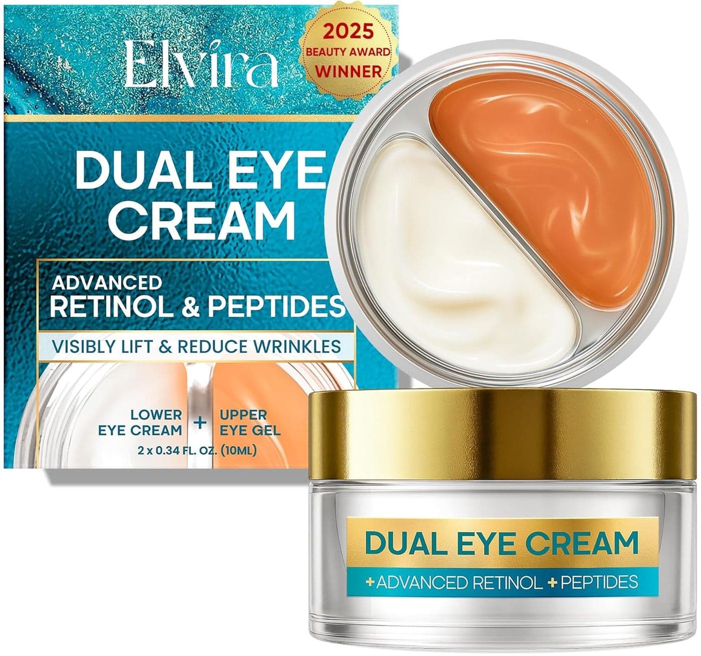 Elvira Dual Eye Cream for Dark Circles Puffiness Eye Bags Wrinkles AntiAging Tightening and Moisturizing with Advanced Retinol FivePeptide Complex and Stem Cell Extracts 068 OZ