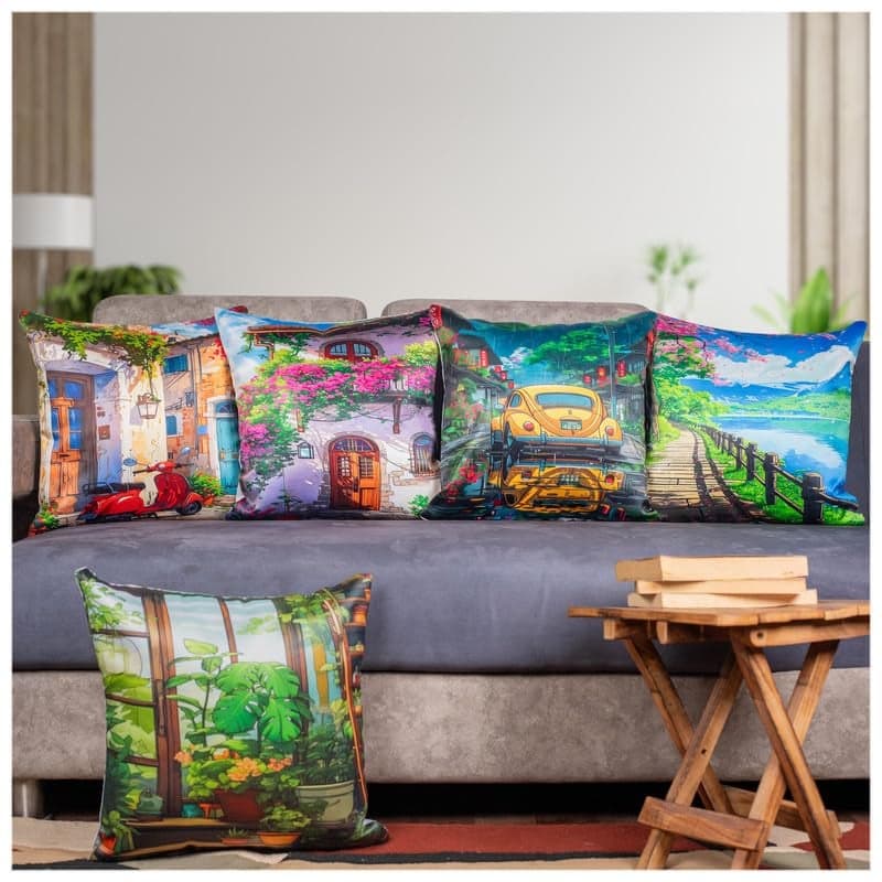 Vendola Satin 250TC Cushion Pillow Covers, Multicolor, Set of 5 (Streets, 16X16 Inches)