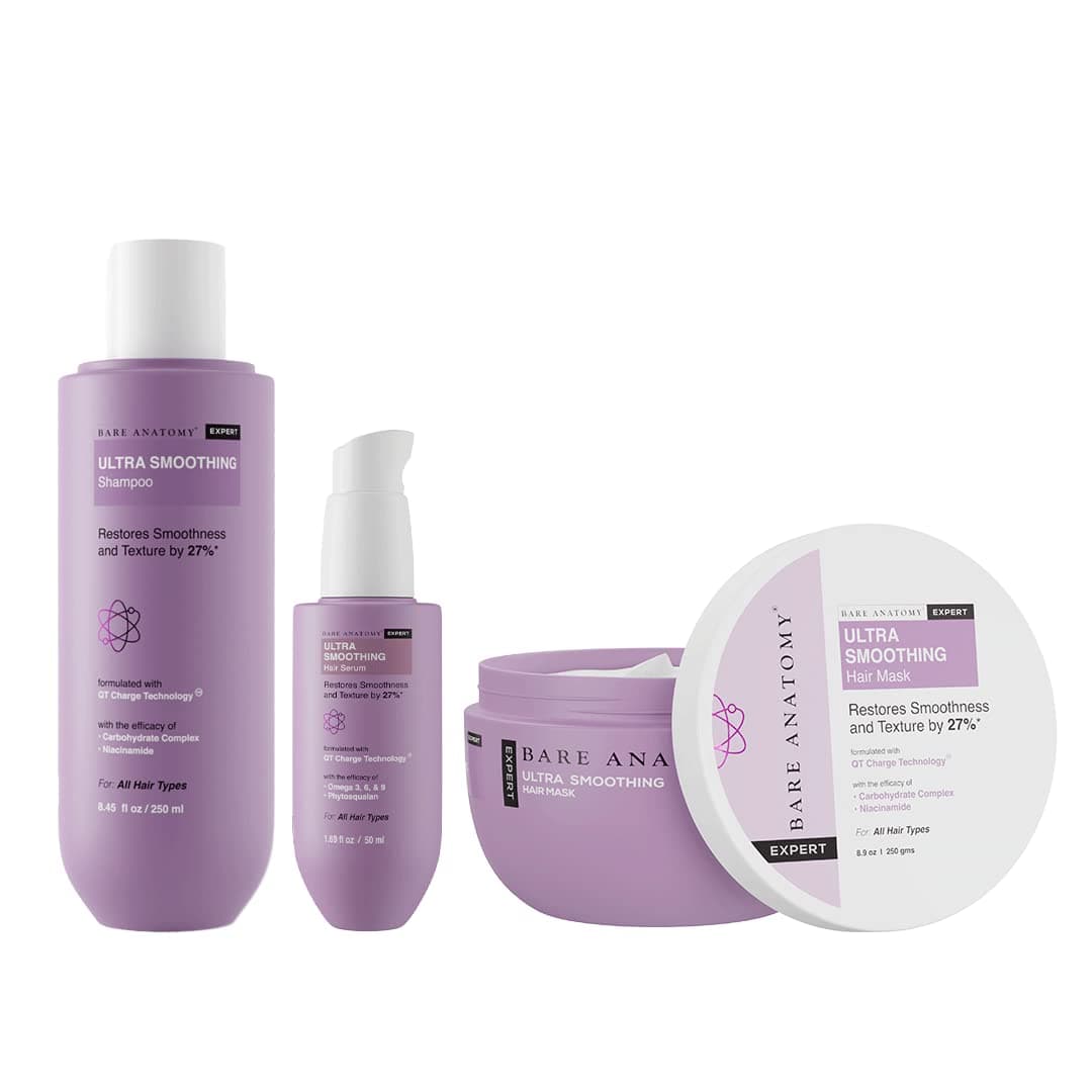 Bare Anatomy Ultra Smoothing Shampoo Hair Mask Serum Kit Carbohydrate Complex Niacinamide Dry Frizzy Hair Paraben Sulphate Free Women Men 250ml 250g 50ml