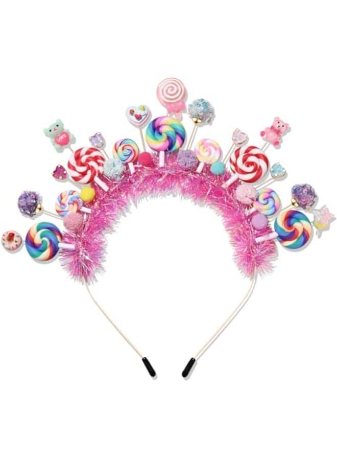 NVENF Candy Headband for Women Colorful Pom Pom Lollipop Headbands Costume Outfits Candy Accessories Birthday Party Favors Halloween Holiday Christmas Outfits Gifts Pattern E