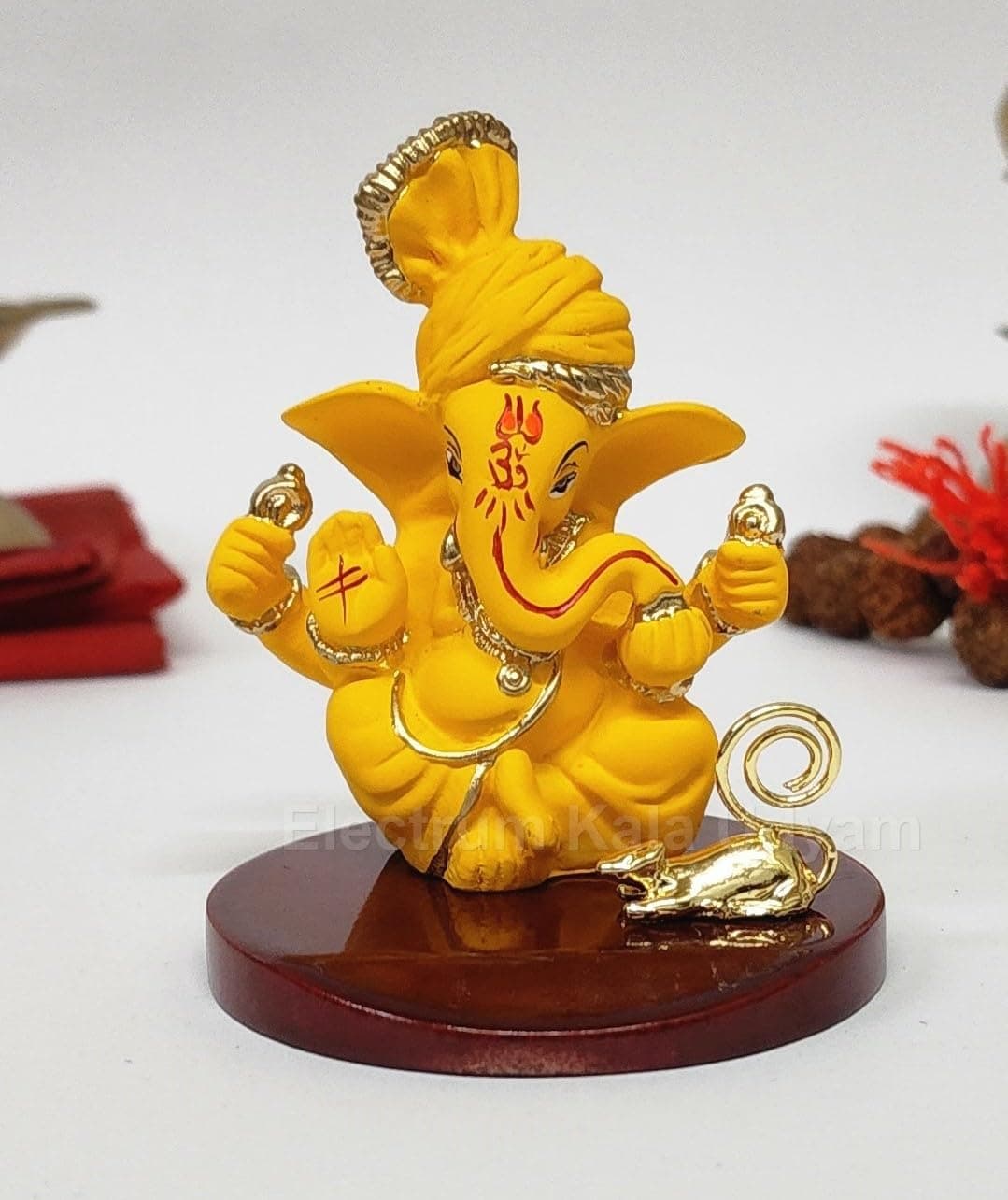 Electrum Kala udyam Pagadi Ganesh MangoTerracotta Ganesha Idol with Gold Plated Mooshak | Premium Ganpati Murti for Home D�cor for Home Temple, Office Desk, and Car Dashboard - 3 "