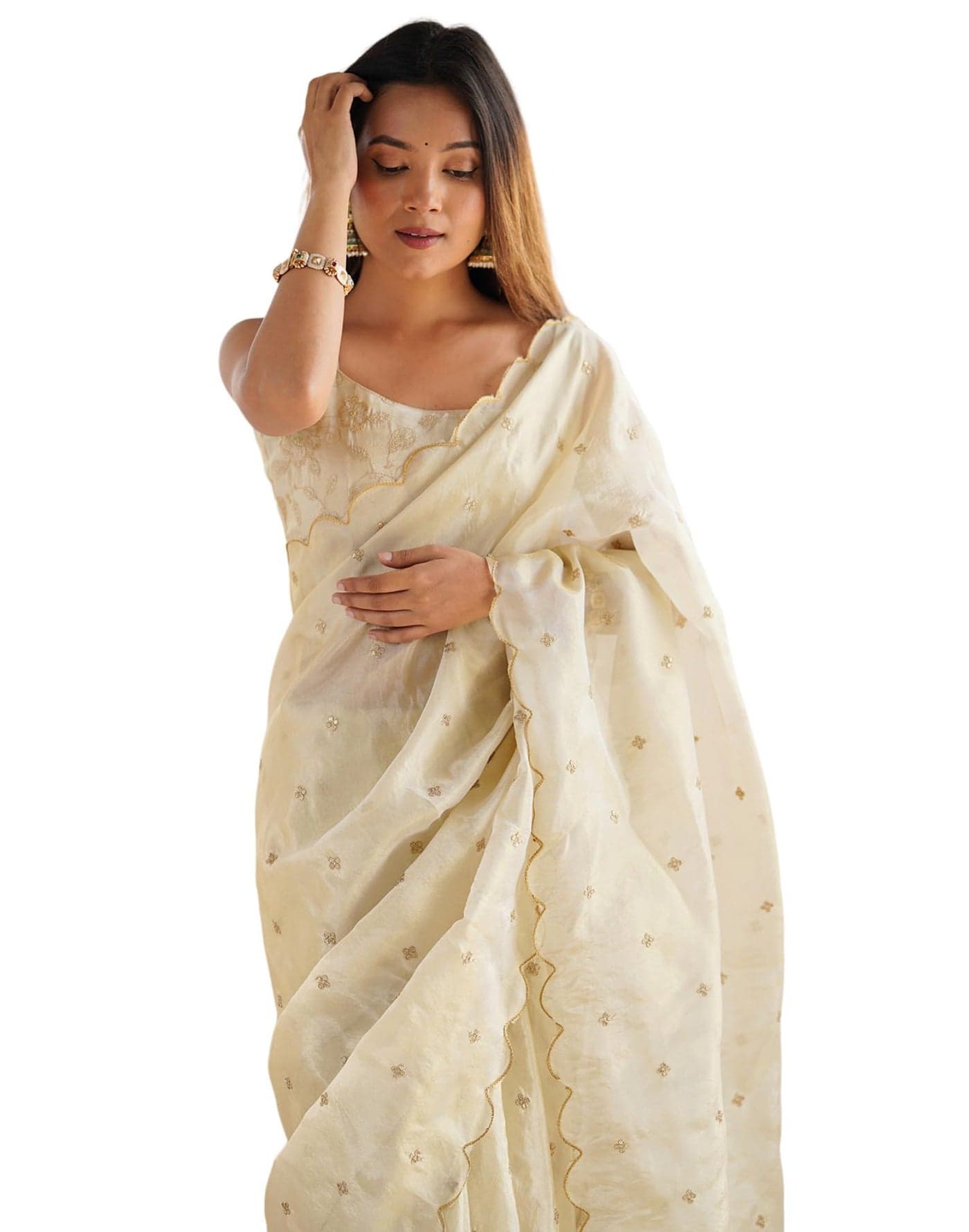 SIRIL Women's Shimmer Silk Sequence Embroidery Scalloped Border Dual Tone Saree with Unstitched Blouse Piece (4284S431_Beige)