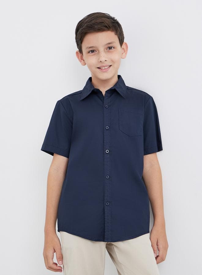 Boys School Uniform Navy Blue Short Sleeves Shirt With Pocket