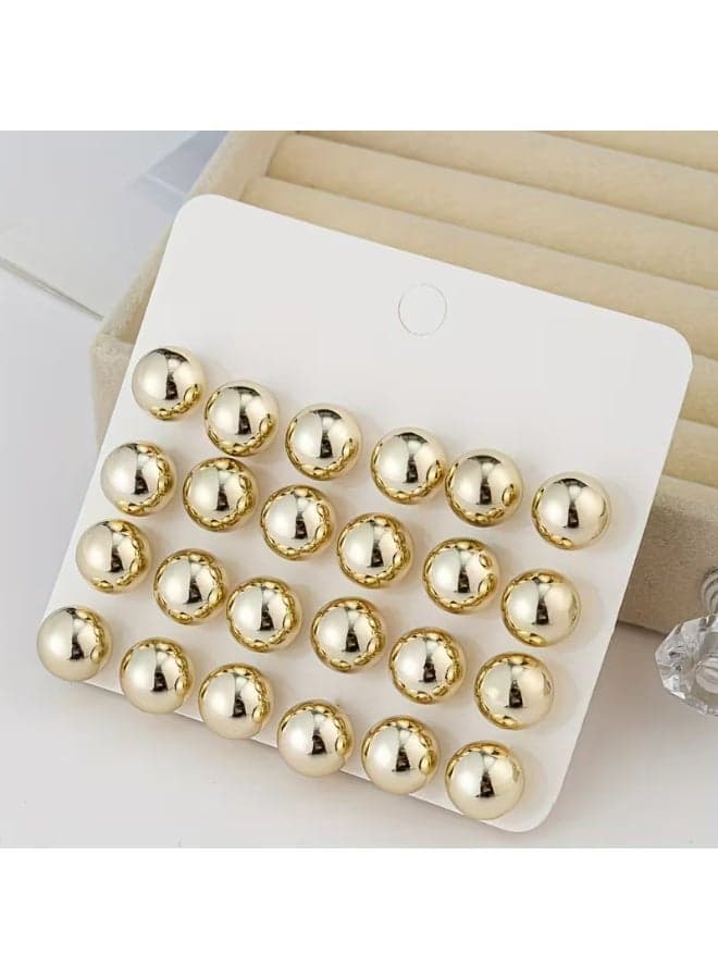 Set of 12 Pairs Women’s Golden Bead Stud Earrings – Fashionable 8mm Round Shiny CCB Earrings, Elegant Daily & Vacation Jewellery Gift Set
