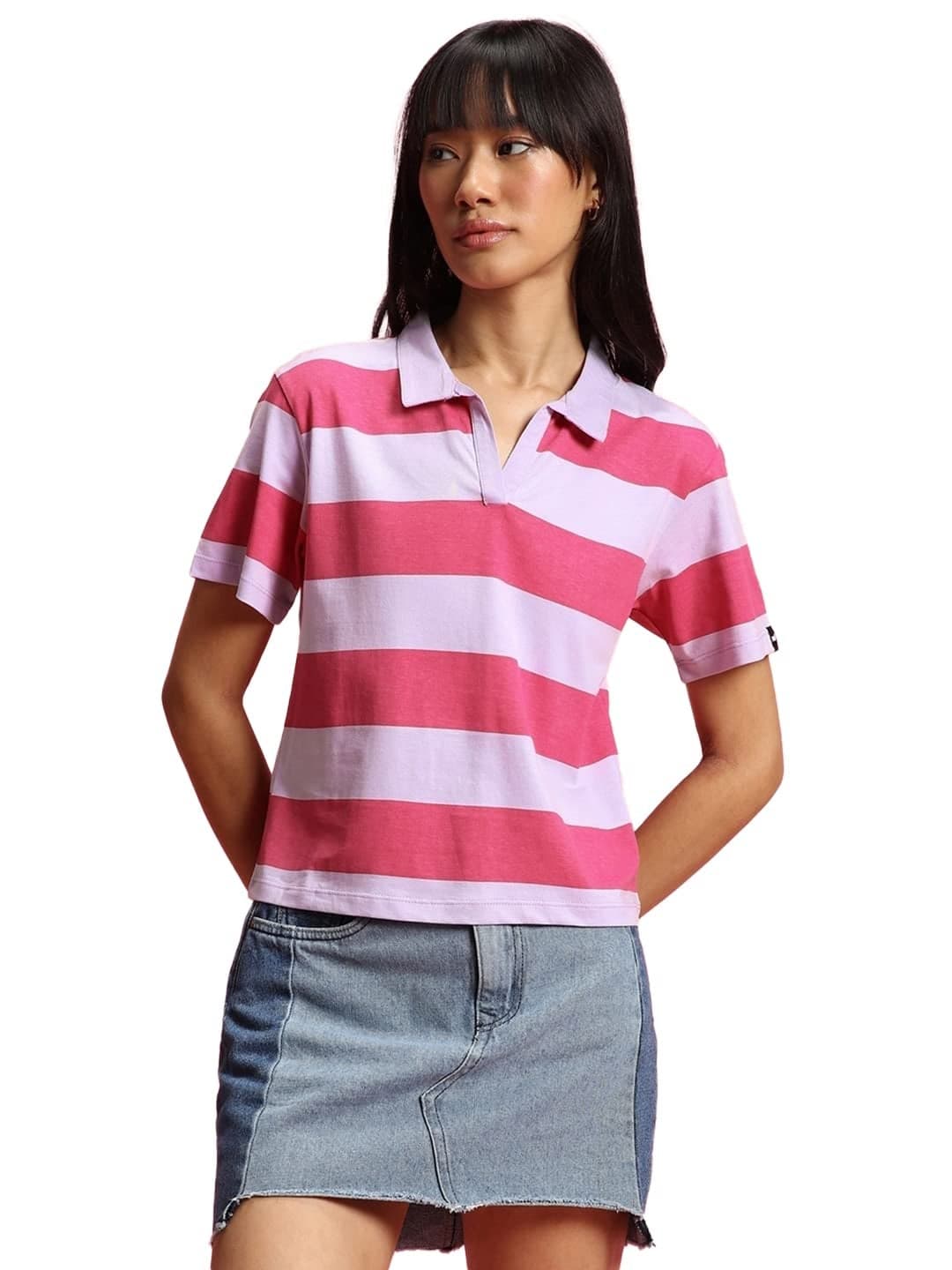 Bewakoof Women's Striped 100% Cotton T-Shirt Oversized Fit, Polo Neck, Half Sleeve_580379_Multicolor_L