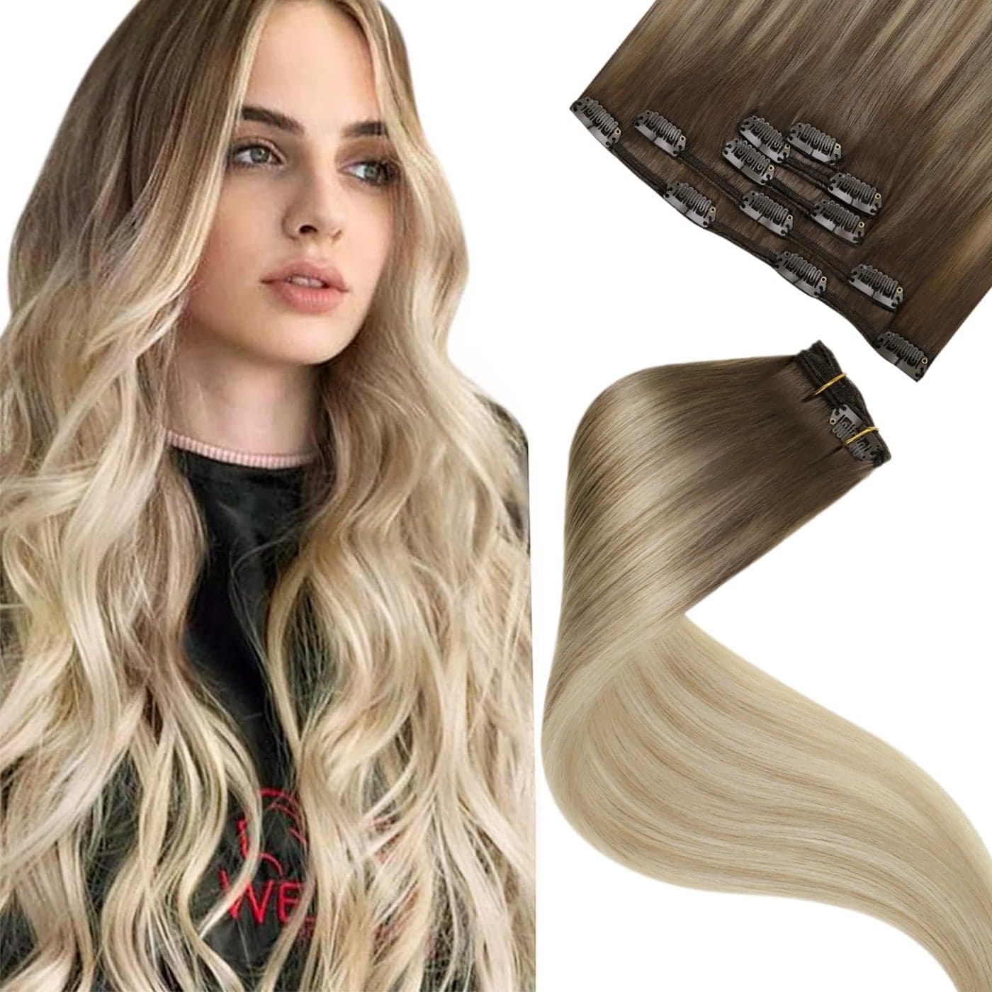 LaaVoo Clip in Hair Extensions Real Human Hair Balayage Light Brown to Ash Blonde Mix Platinum Blonde Human Hair Clip ins Ombre Brown to Blonde Human Hair Clip in Extension 14Inch 5pcs80g