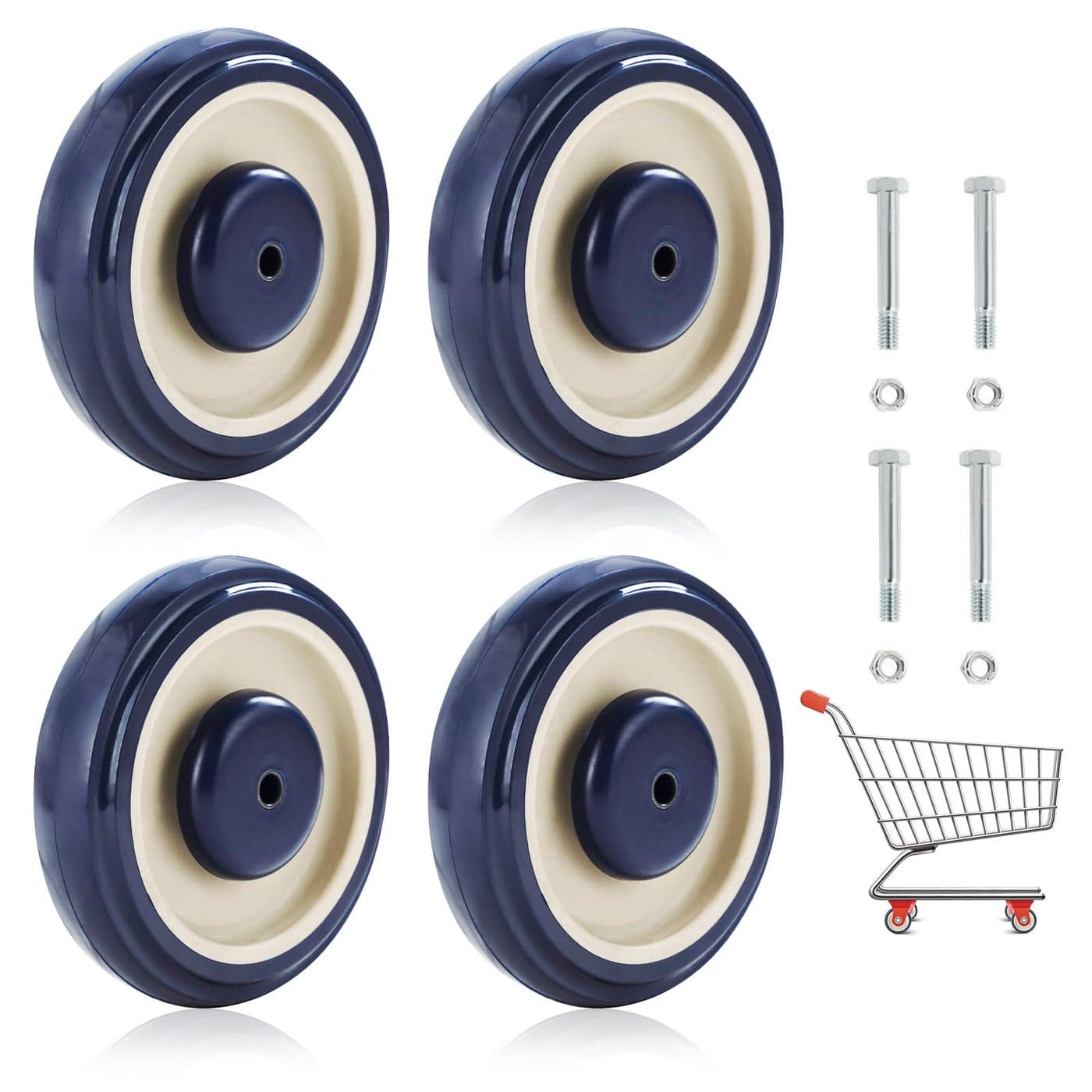 NATGAI 4 Pack Shopping Cart Replacement Wheels Kit 5 Diameter 12 width 516 Bore Noiseless Shopping Cart Wheels with Axles Bolts 4 sets Total 1000 Lbs Blue