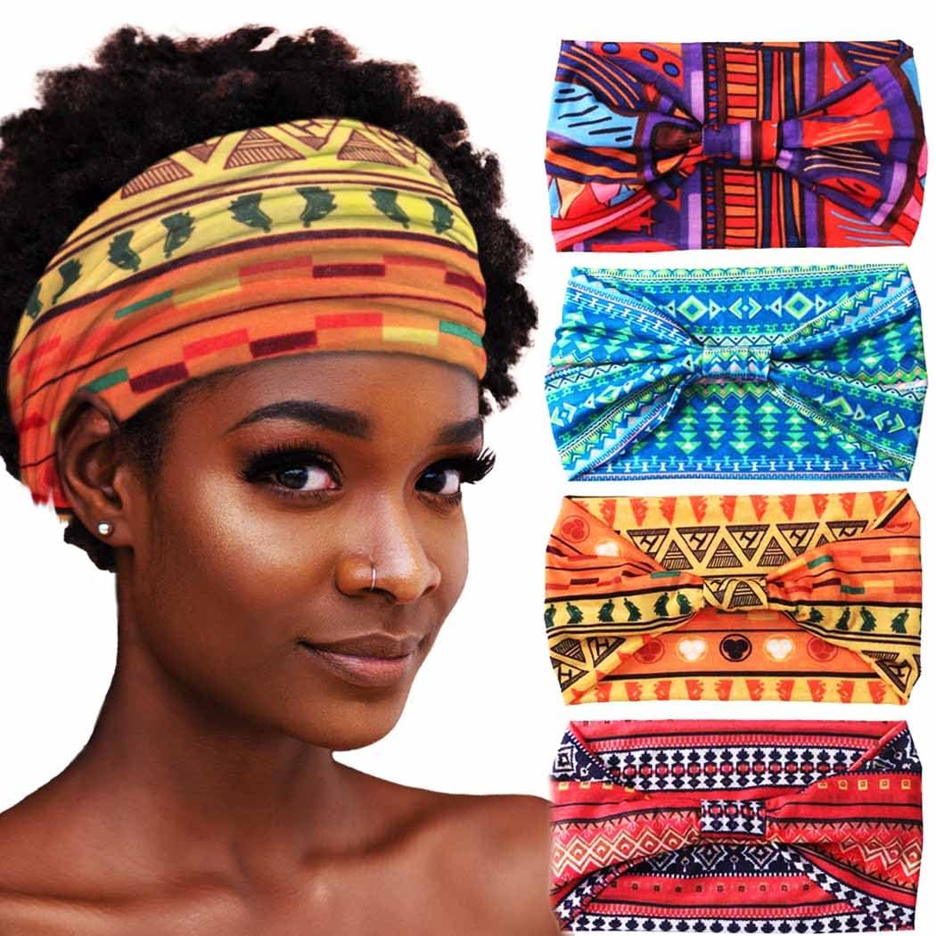 African Headbands Boho Knotted Hairbands Stretch Wide Head Wraps Elastic Yoga Turban Hair Scarfs Workout Printed Hair Accessories for Women Pack of 4 Style B