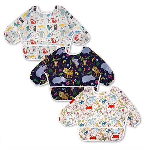 3-pack Long Sleeve Baby Bibs for Eating Waterproof Smock Bibs with Sleeves Full Coverage Bib with Food Catcher for 6-24 Months Toddler Boys Girls