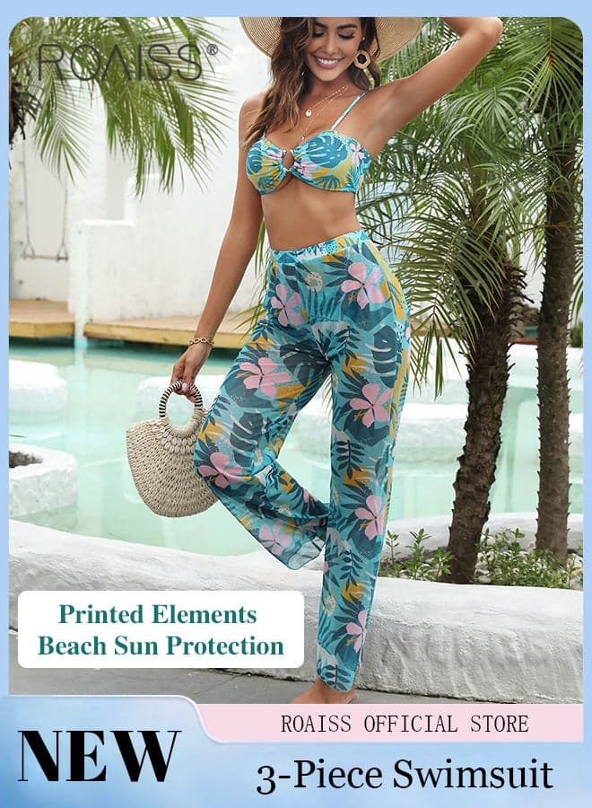 3 Pieces Tropical Plant Print Split Bikini Swimsuit for Women, Involves Tube Top and Swim Trunks with Beach Trousers, Laides Swimwear