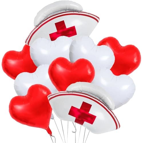 Cheosruy 10pcs Nurse Cap Balloons Red White Heart Shapes Large SelfSealing Perfect for Nurse Graduation RN Themed Parties Birthdays Weddings More