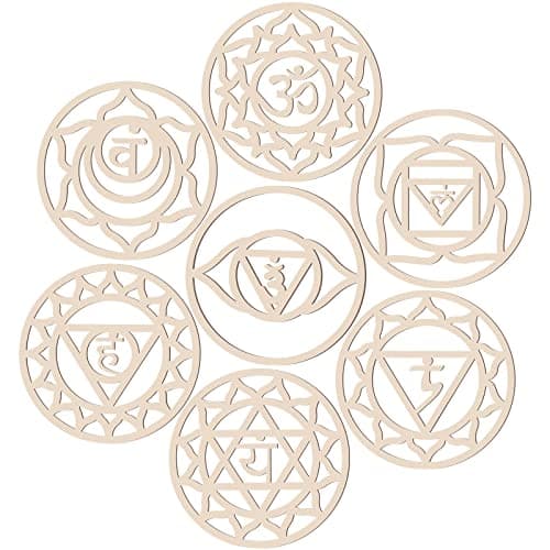 7 Pack Sacred Geometric Wall Art Wooden Chakra Wall Art Crystal Grid Board Yoga Decor Hindu Meditation Spiritual Decor for Bedroom Geometric Hanging Sculpture Home, 5.9 x 5.9 Inch