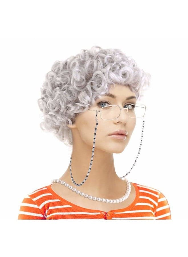 Old Lady Costume Set-Grandmother Wig,Wig Caps, Madea Granny Glasses, Eyeglass Retainer Chain,Pearl Necklace(5 Pieces)