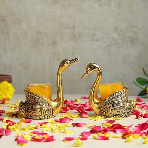 Habere India-All The Cultures Fabricating India Set of 2 Candle for Home Decor | Diwali Decoration for Home | Tealight Holder | Metal Swan Tealight Holder Showpiece (Set of 2: L12 x W8 x H10 cm)
