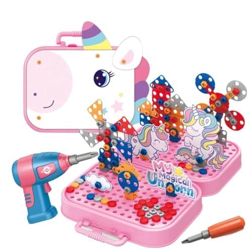 Happy Hues Plastic Diy Electric Drill Screw Tool Set-Mosaic Puzzle 228Pcs- 3D Stem Educational Kit For Kids Construction Blocks And Building Block Kit (Unicorn Design), Pink