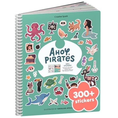 Cupkin Pirate Sticker Book Activity for Kids Toddler Airplane Travel Essentials 300 Pirate Stickers for Kids 8 Scenes 8 Coloring Book Pages Gift for Boys and Girls Small Sticker Book