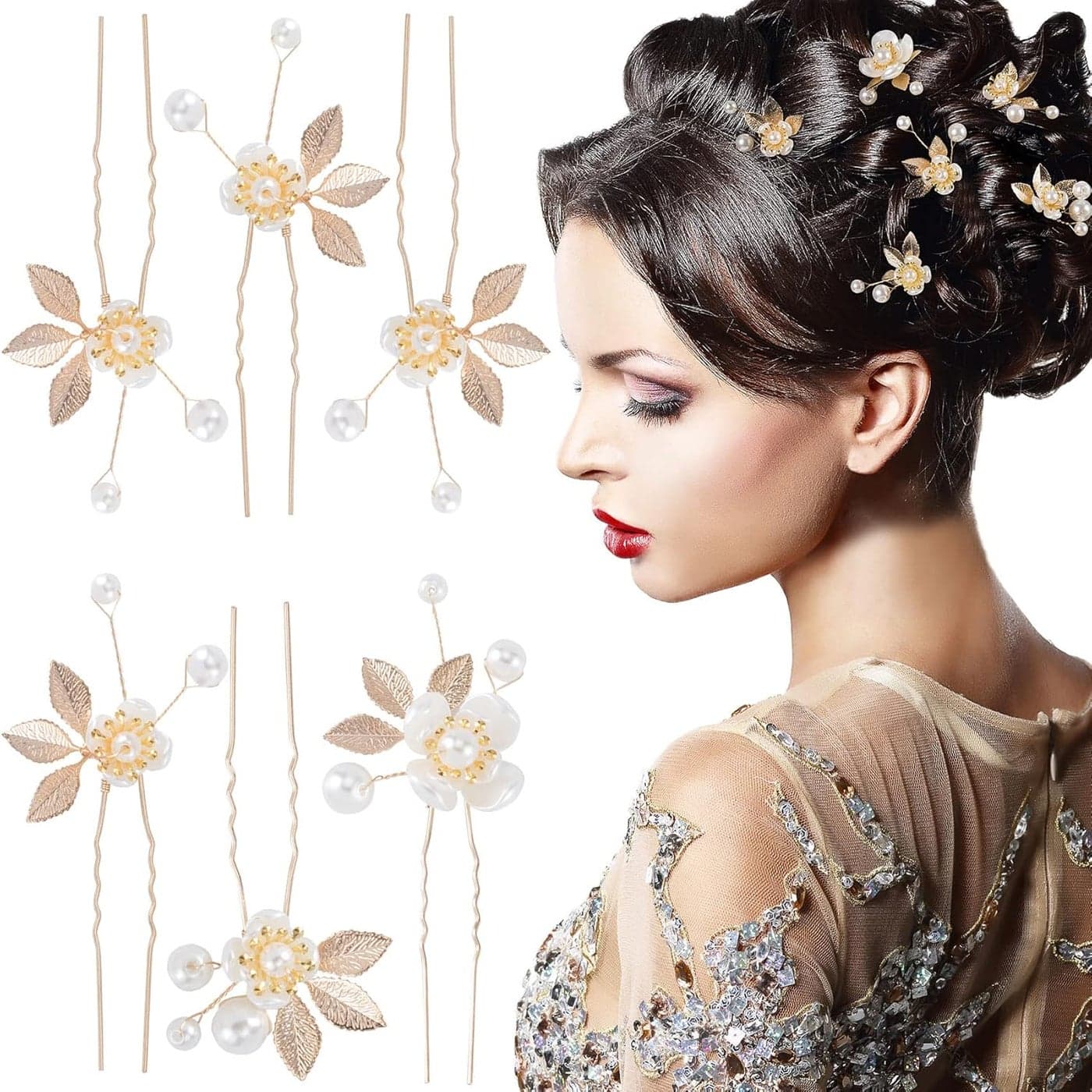 ANCIRS 6 Pack Pearl Bridal Wedding Hair Styling Pins Leaves Style Bride Head Piece U Shape Rhinestone Flower Hair Accessories for Women Girls Wedding Hairstyles Gold