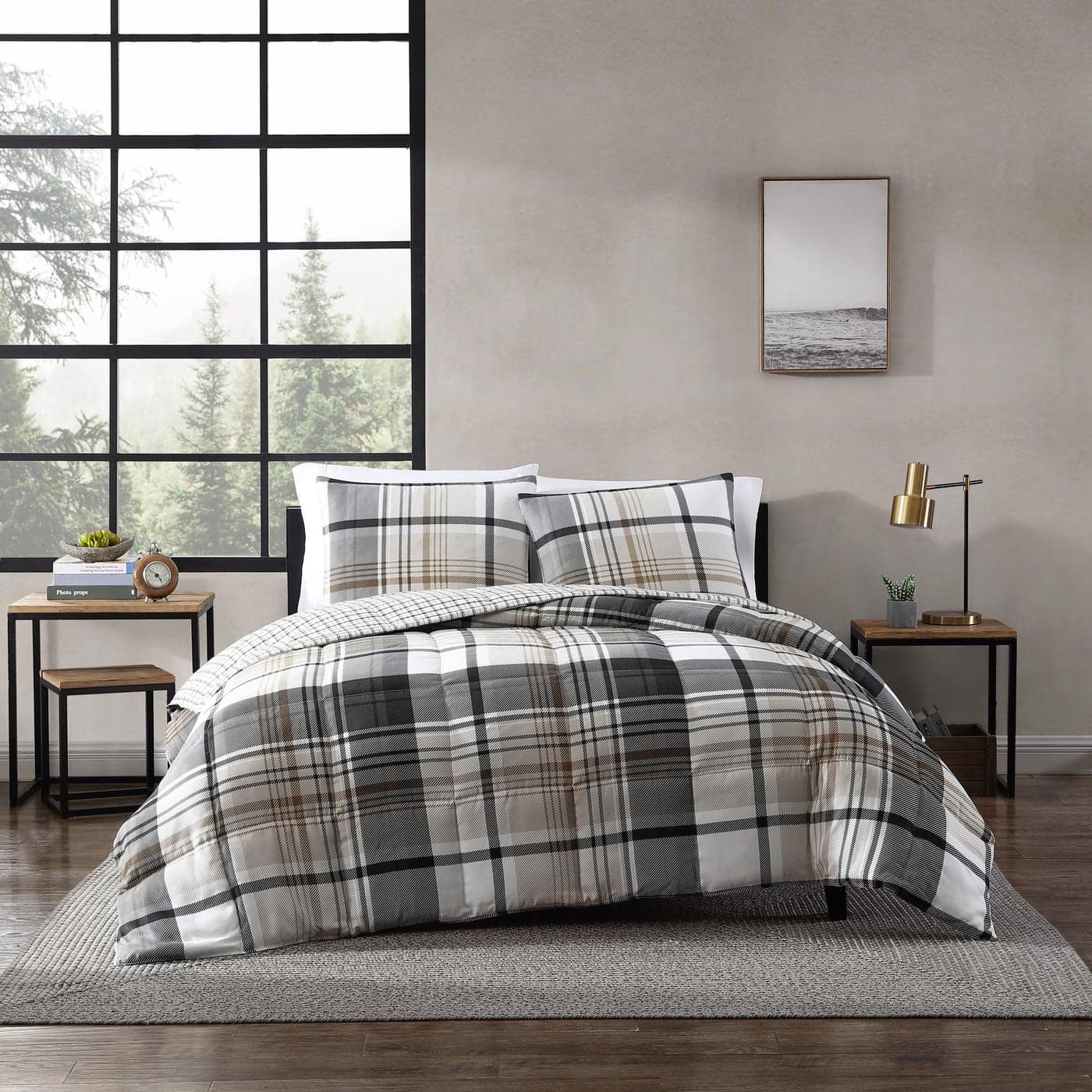 Eddie Bauer King Comforter Set Plaid Reversible Bedding Stylish Warm Home Decor Normandy Grey King