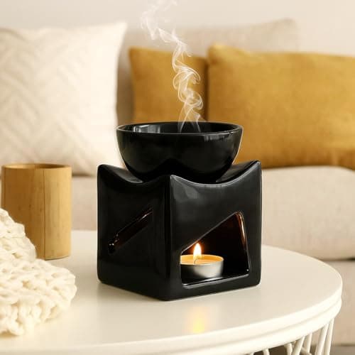 Mkd2 Rise Ceramic Candle Operated Aroma Diffuser Oil Burner Lamp for Fragrance with 1 pc Tealight (Black, Square)