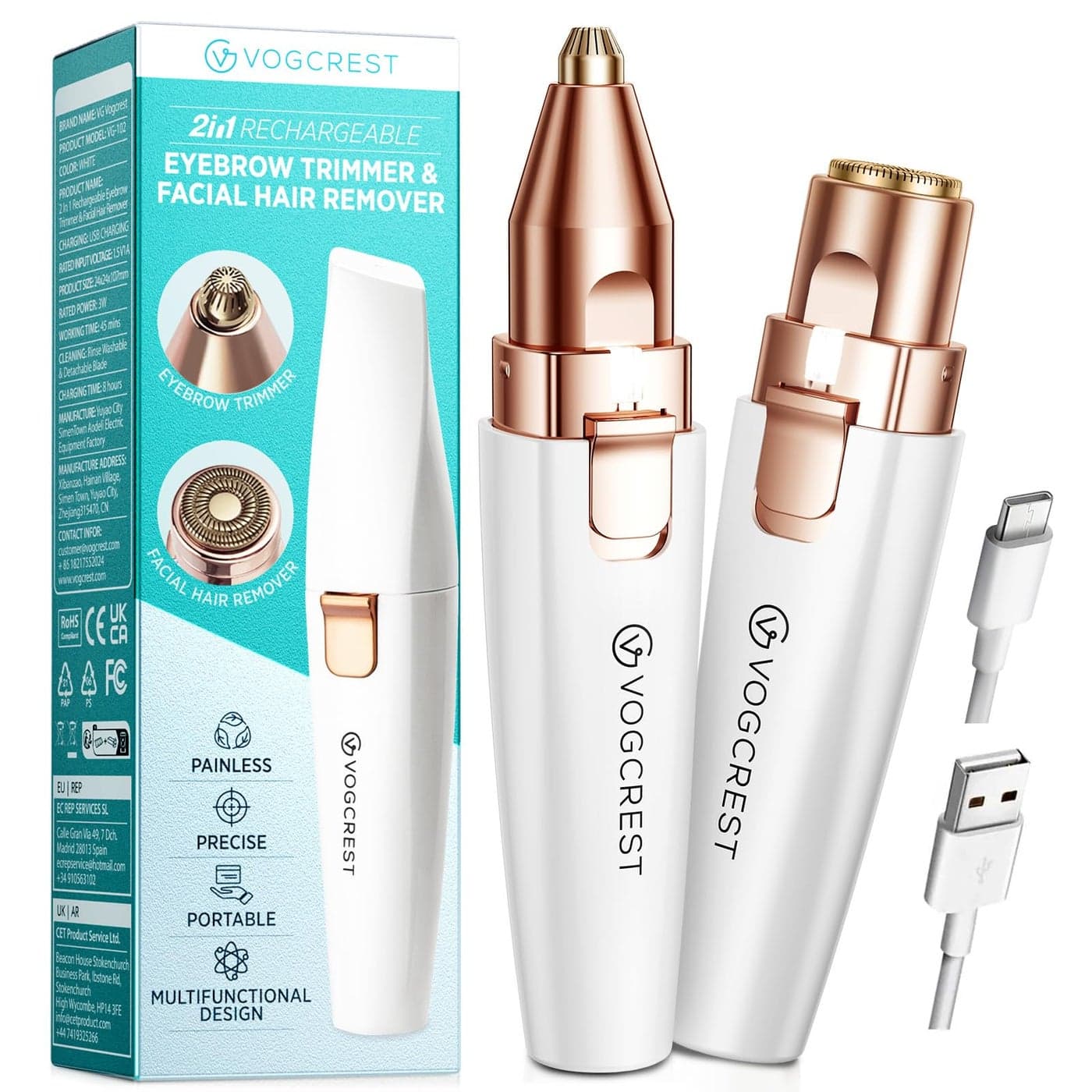 Rechargeable Eyebrow and Facial Hair Remover for Women 2 in 1 Razor with Builtin LED Light for Painless Hair Removal