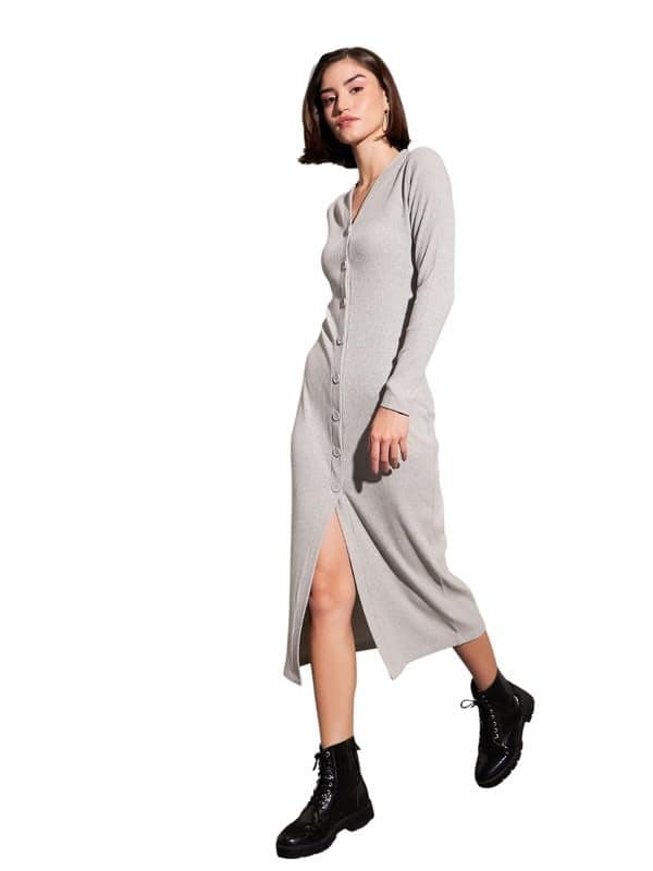Grey Rib Front Button Midi Dress
