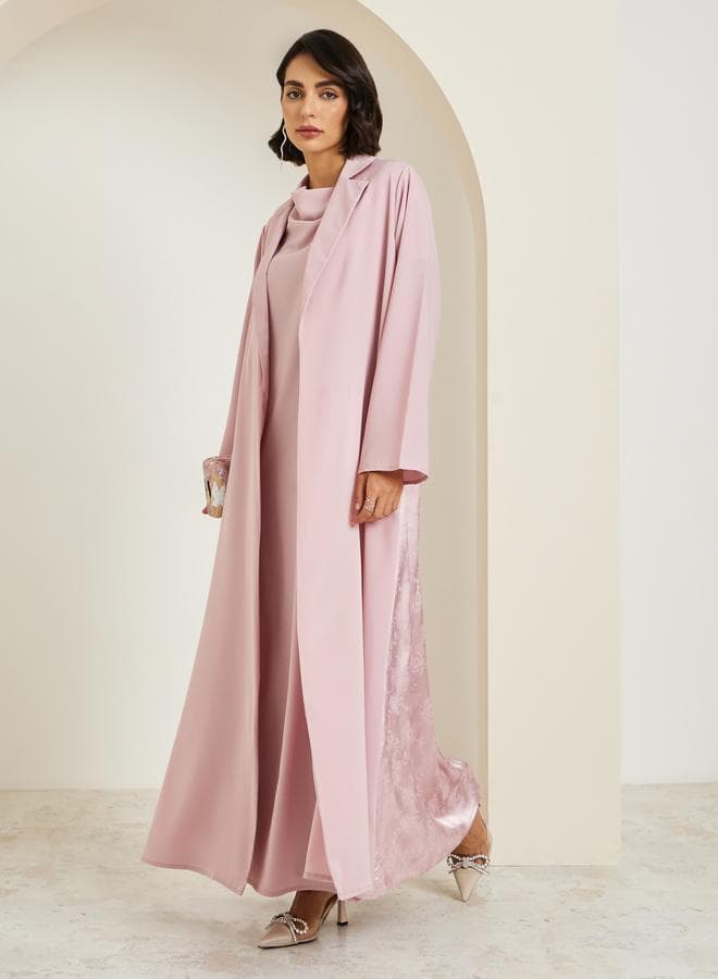 Pink Lapel Collar Jacquard Abaya and Cowl Neck Dress Modest Set
