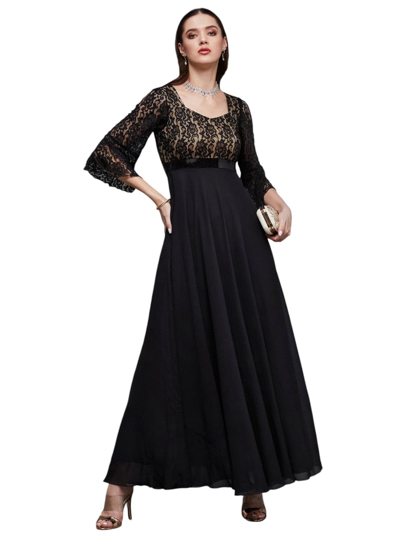 Miss Chase Women's Sweetheart Neck Full Sleeve Floral Maxi Dress (Plus Size) with Pockets (MCAW23D13-83-62-05, Black, L)