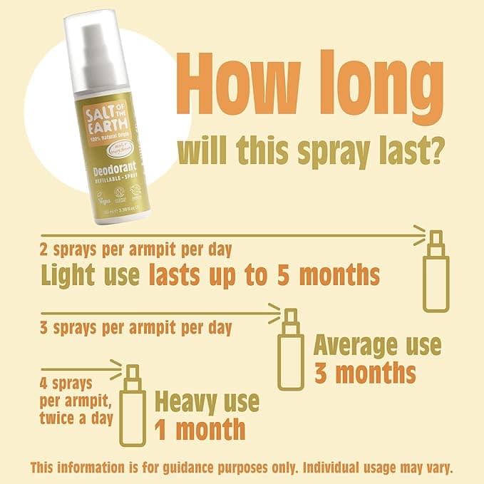 Salt of the Earth Refillable Natural Deodorant Spray 100 Natural Origin Ingredients Vegan Long Lasting Protection Suitable For Women Men Kids 100ml Lavender Vanilla