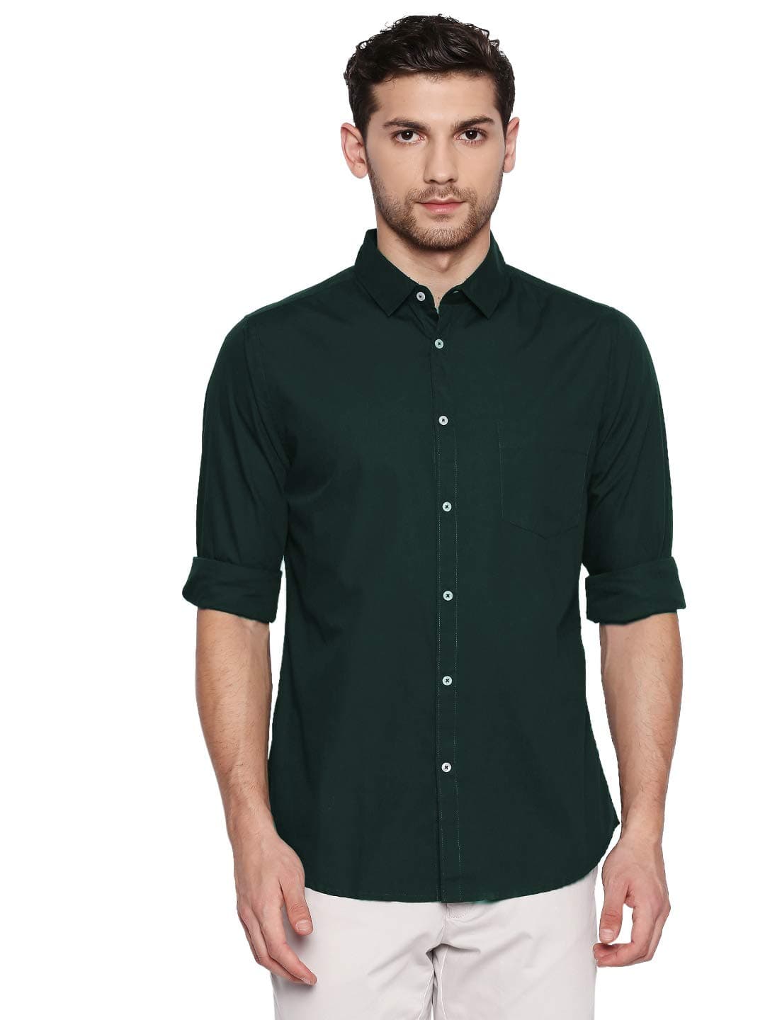 Dennis Lingo Men's Solid Bottle Green Slim Fit Casual Shirt (C301_B-Green_L)