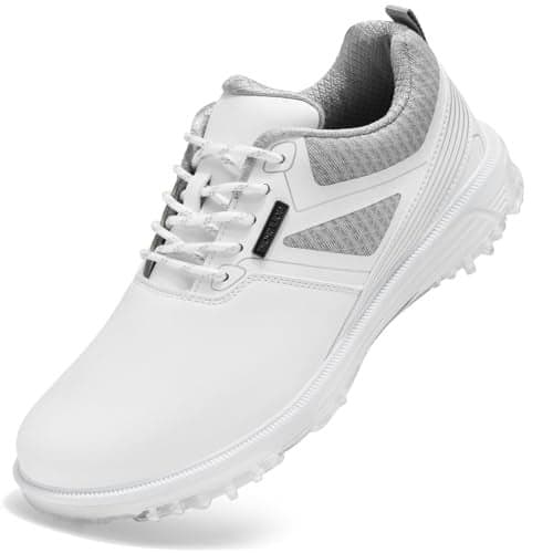 ULTIANT Men's Golf Shoes Fixed Nailless Sole Waterproof Lightweight No-Slip Walking Shoes Size7.5-14(All White,45)