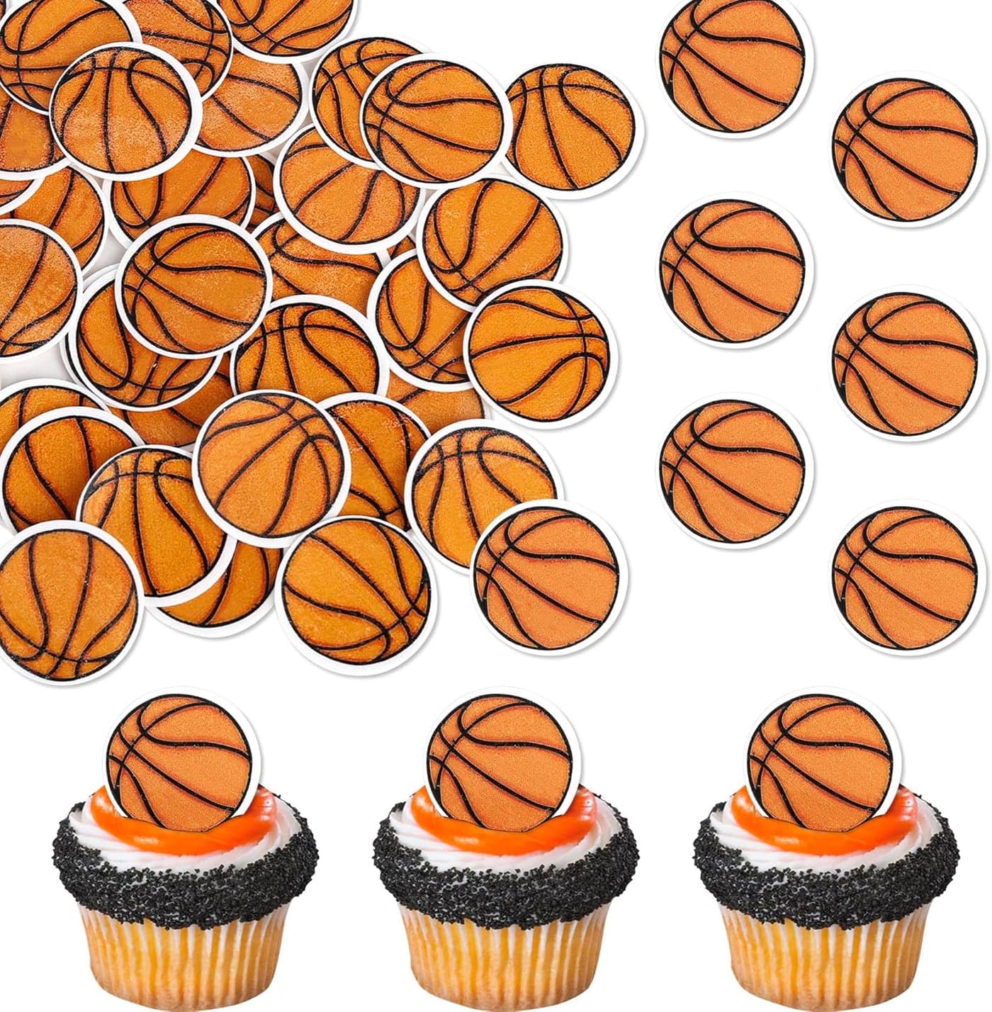 48 Pack Edible Basketball Cupcake Toppers for Sports Theme Parties