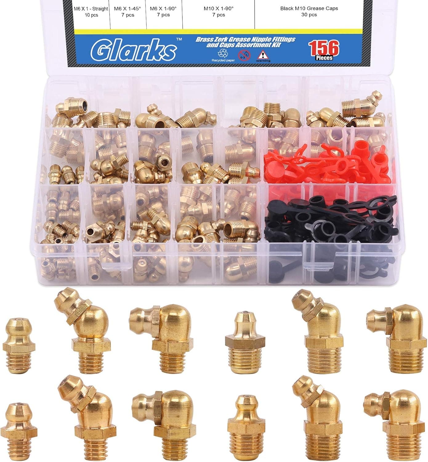 Glarks 156Pcs Metric & SAE Hydraulic Grease Brass Zerk Fitting Assortment Kit with Caps