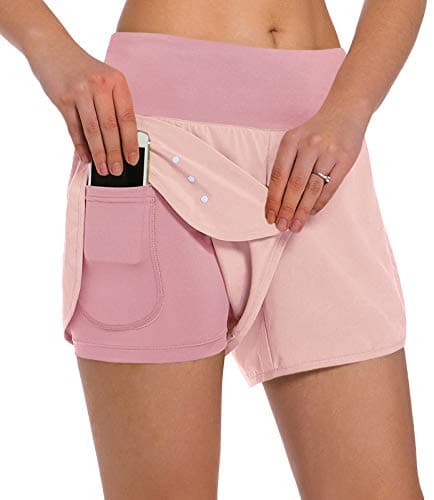 Ksmien Women's 2 in 1 Running Shorts - Lightweight Athletic Workout Gym Yoga Shorts Liner with Phone Pockets Pink