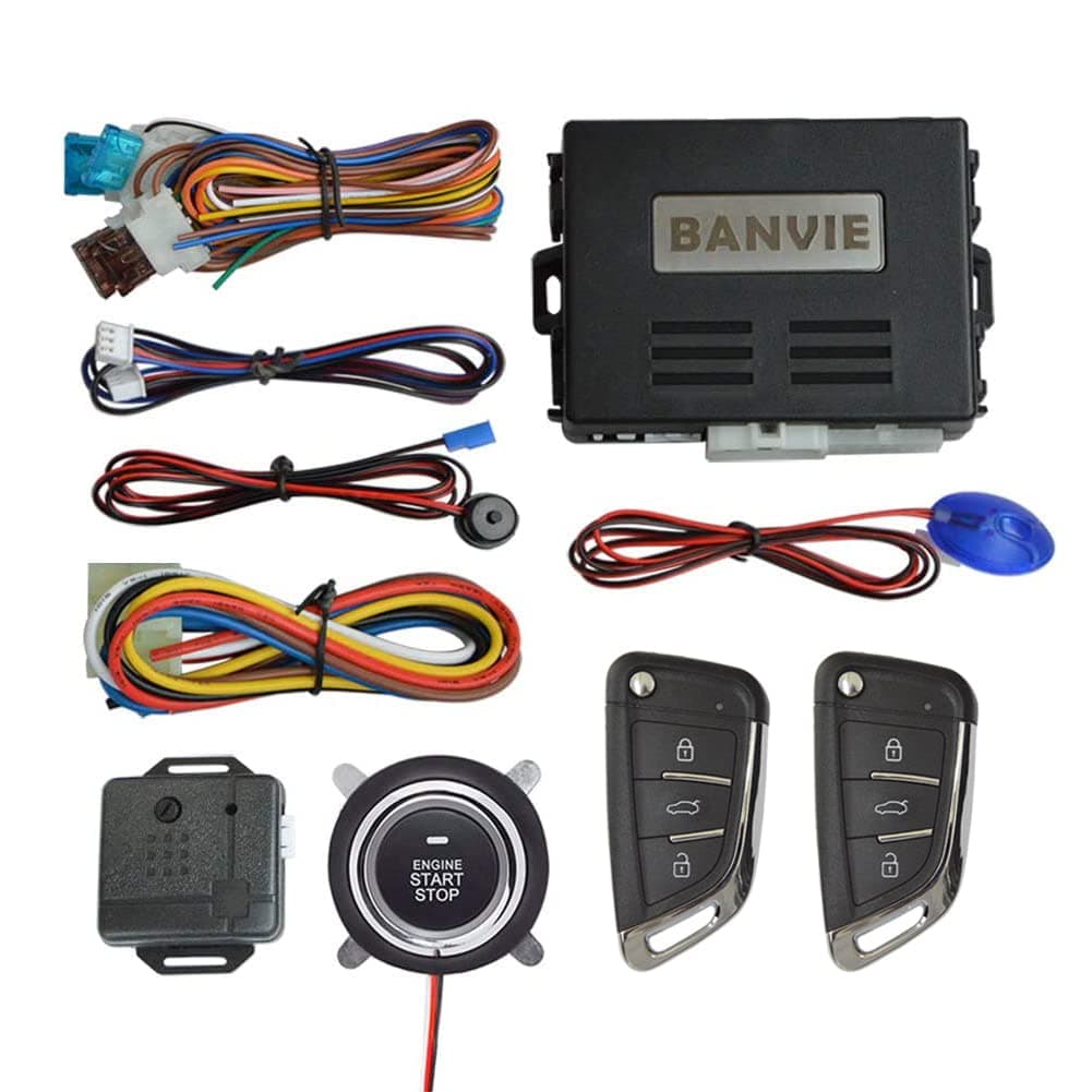 BANVIE Car Alarm System with Remote Starter and Engine Start Stop Push Button Without Siren Connect to car Horn