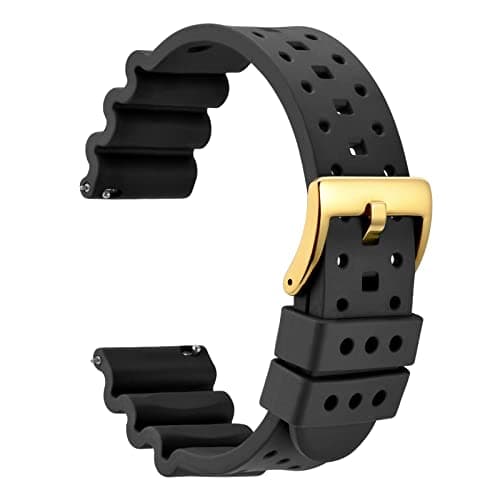 WOCCI 20mm Ventilated Watch Band for Men FKM Rubber Gold Buckle Black