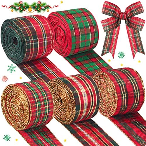 Tatuo 5 Rolls 30 Yards Christmas Red Plaid Ribbon Gingham Check Wired Edge Wrapping Ribbon Tartan Decor for Christmas DIY Crafts Present Wrapping Gift Home Decorations Bows16 Inch Wide