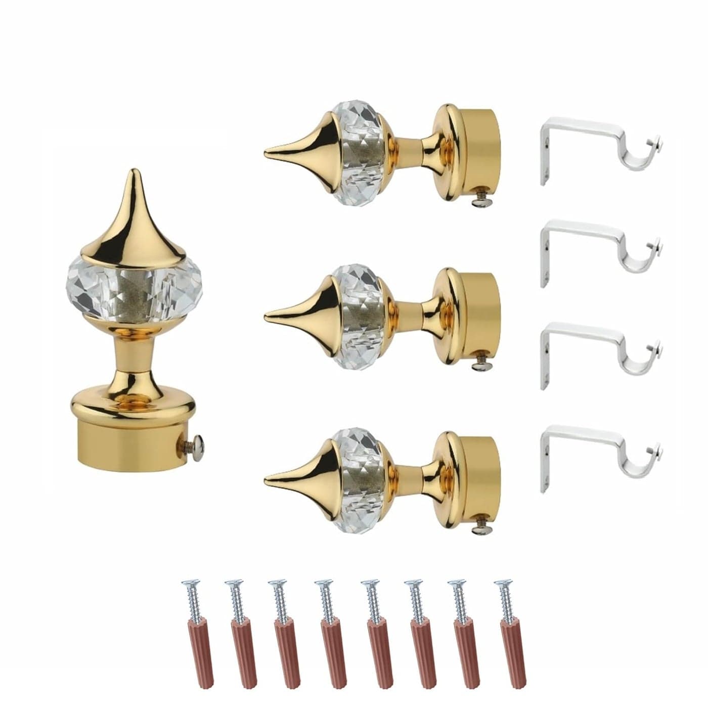 GLOXY ENTERPRISE Aluminium Single Diamond Curtain Brackets Parda Holders with Support Fittings 1 Inch Rod Pocket Finials Designer Door and Window Golden 2 Pair