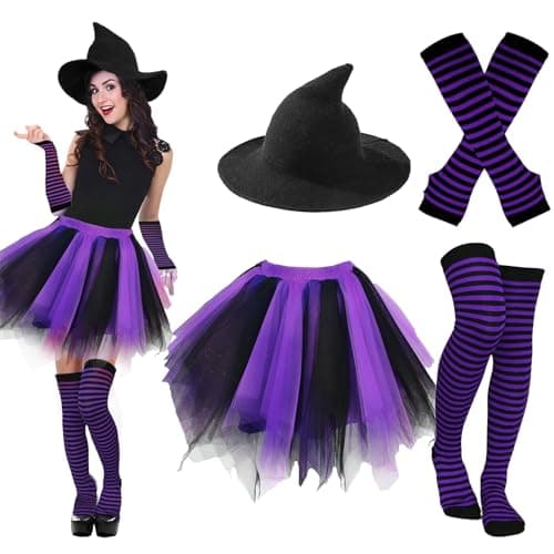 Ibeauti Halloween Witch Costumes for Women Girls Gothic Cosplay Witch Hat Tutu Skirt Striped Knee High Socks Arm Warmers Set (Black Purple)
