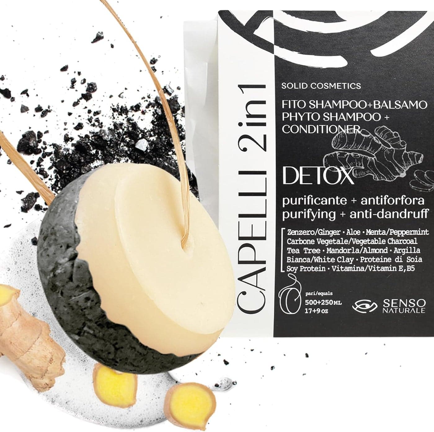 Senso Naturale Detox Solid Shampoo and Conditioner 2 in 1 AntiDandruff Purifying for Oily Hair with Vegetable Charcoal Ginger Aloe and Coconut Oil 100 Natural and Organic PH 455