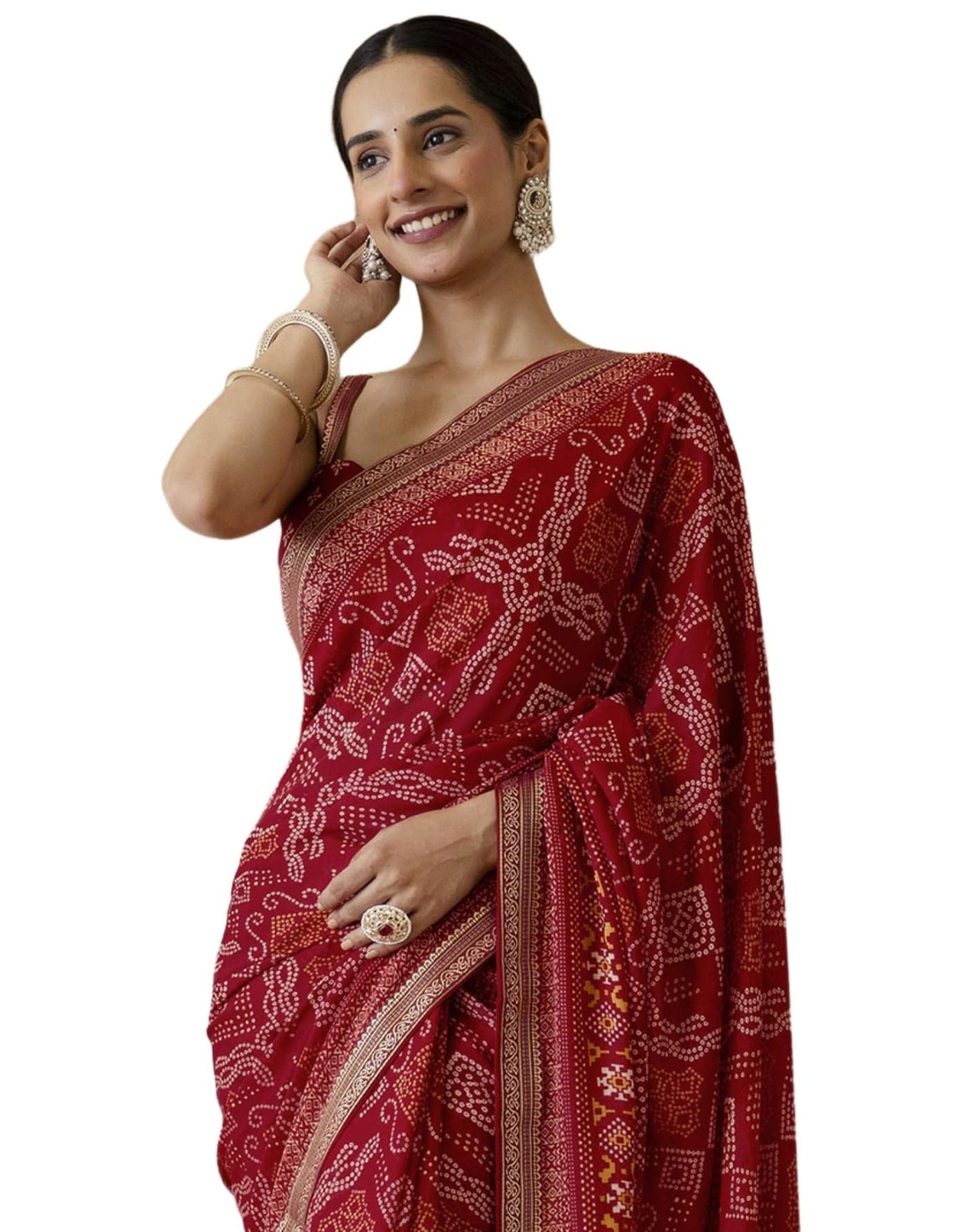 SIRIL Women's Georgette Bandhani Printed Saree with Unstitched Blouse Piece (4539S393_Red)