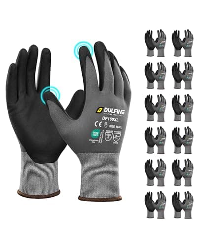 DULFINE Safety Work Gloves MicroFoam Nitrile Coated-12 Pairs Pack,Seamless Knit Nylon Glove with Black Micro-Foam Nitrile Grip,Ideal for General Purpose,Automotive,Home Improvement,Painting(Large)
