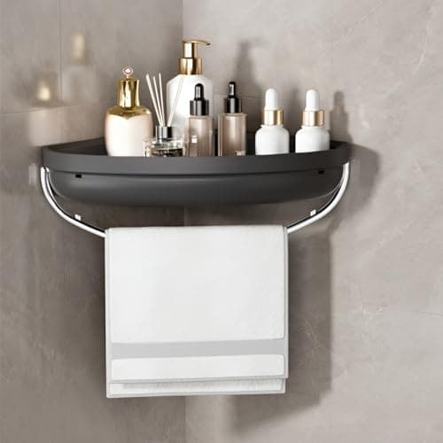 HoopVool Plastic Bathroom Shelf Organizer,Self Adhesive No Drill Shower Shelf Easy Installation, Wall Mounted Shelf, with Towel Napkin Holder with Hook,Used for Bathroom and Kitchen (Corner, Black)