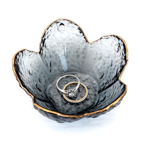 CEIERPH Black Flower Ring Dish Jewelry Tray, Small Glass Trinket Tray for Rings Earrings, Present for Wife Mom Daughter Women