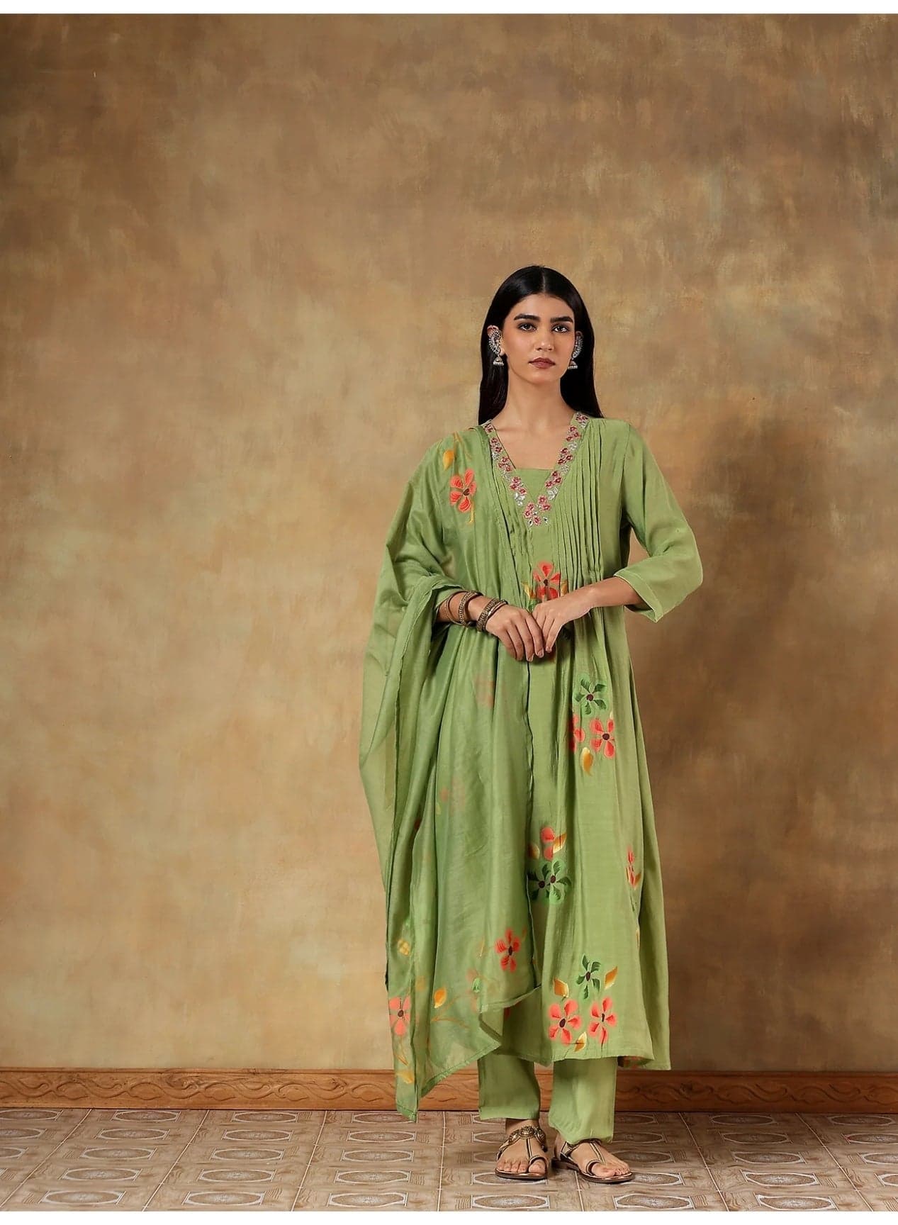 Mul Chanderi Anarkali Dress Kurta Set for Women Floral Printed Embroidered Kurta Pant Dupatta Set Indian Ethnic Wear