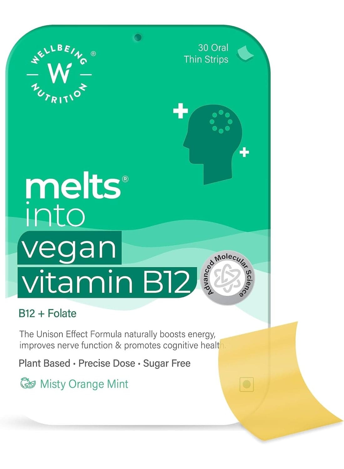 Wellbeing Nutrition Melts Vegan Vitamin B12 Supplements for men & women | Memory Booster and Brain, Heart & Nervous System Support with B12, Folate, Brahmi & CurcuWIN | 30 Oral Thin Strips