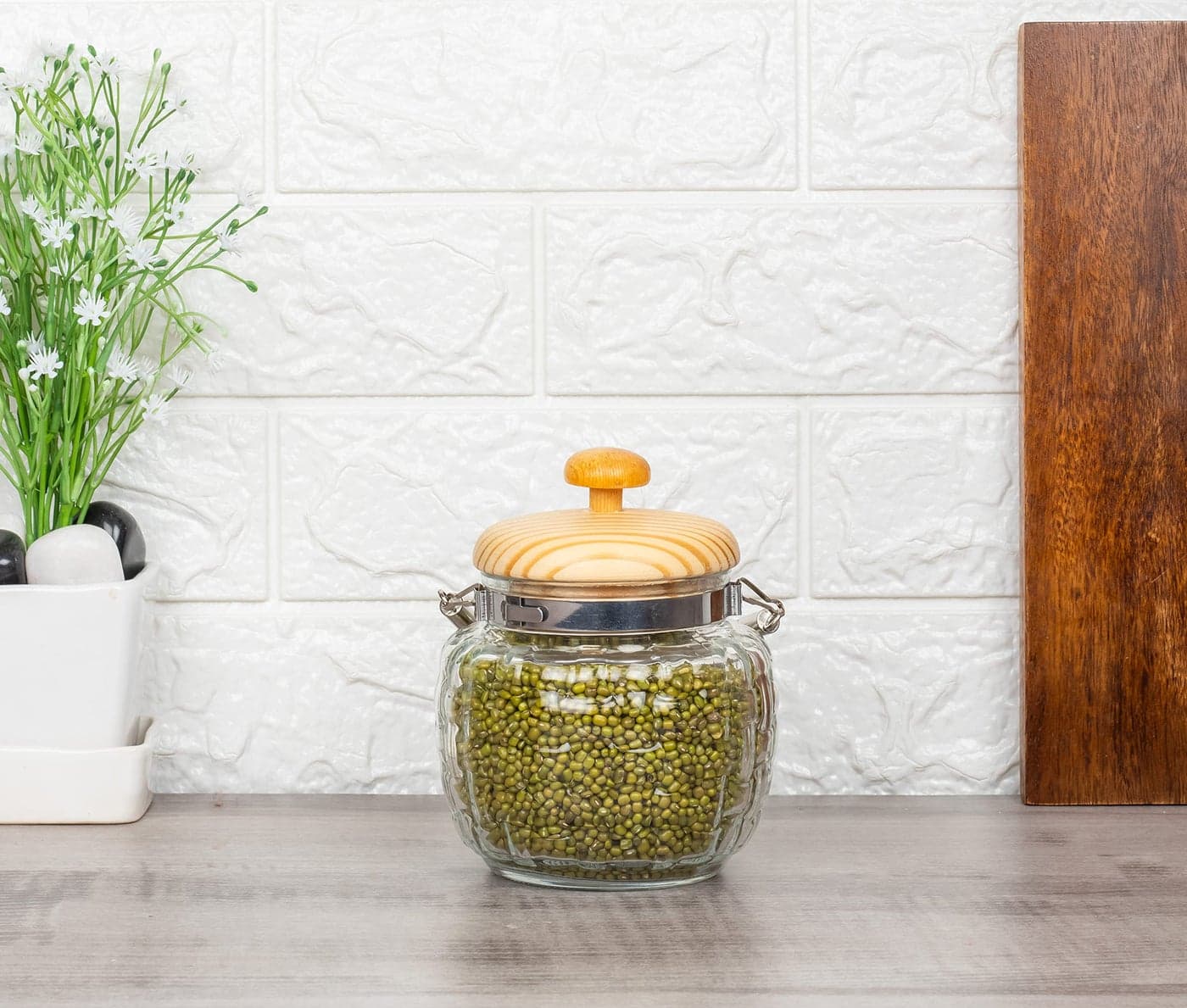 Femora Embossed Glass Jars for Kitchen| Kitchen Storage Jars| Wooden Lid & Jute Chain Glass Jars| 1 Year Warranty| Airtight| Jars for Snacks, Fry Food, Masala, Spice, Pickle, Cookies| 500ml| Set of 1