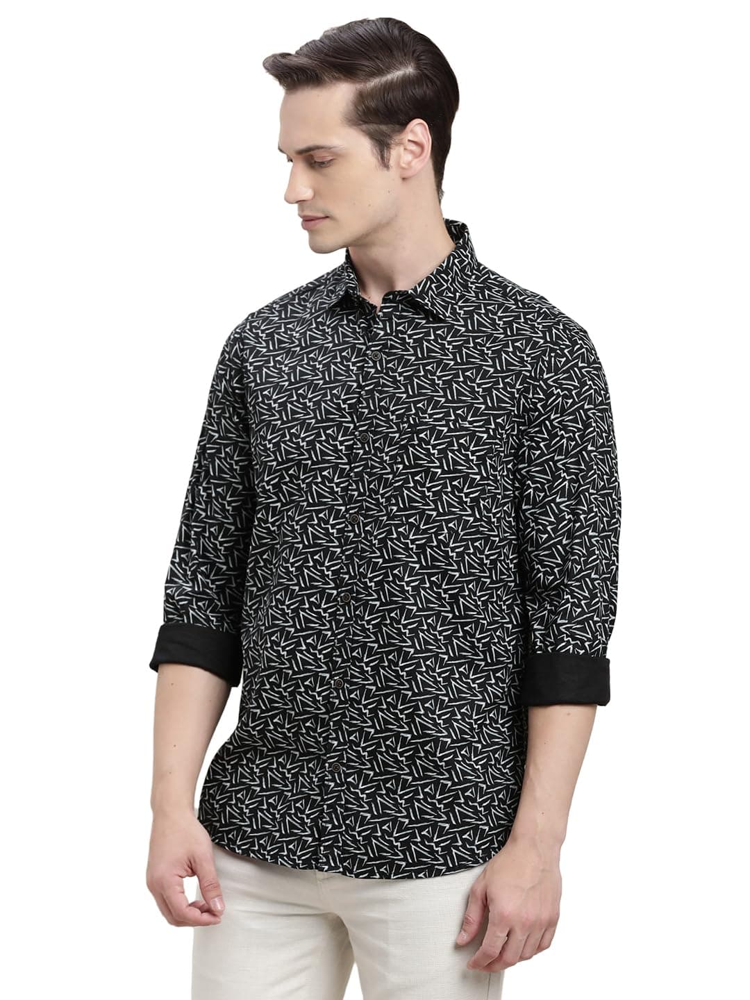 Turtle Men Black Printed Full Sleeve Slim Fit Cotton Tencel Casual Shirt