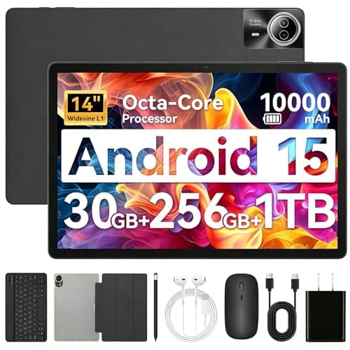 Urao Tablet|14 inch Android 16 Tablet|30GB RAM 256GB ROM |1920 * 1200 IPS FHD|10000mAh 30W Fast Charging|Octa-core Processor|Wi-Fi 6, BT 5.4|Dual Camera with Gemini AI|Keyboard|Stylus|Case|Headphone
