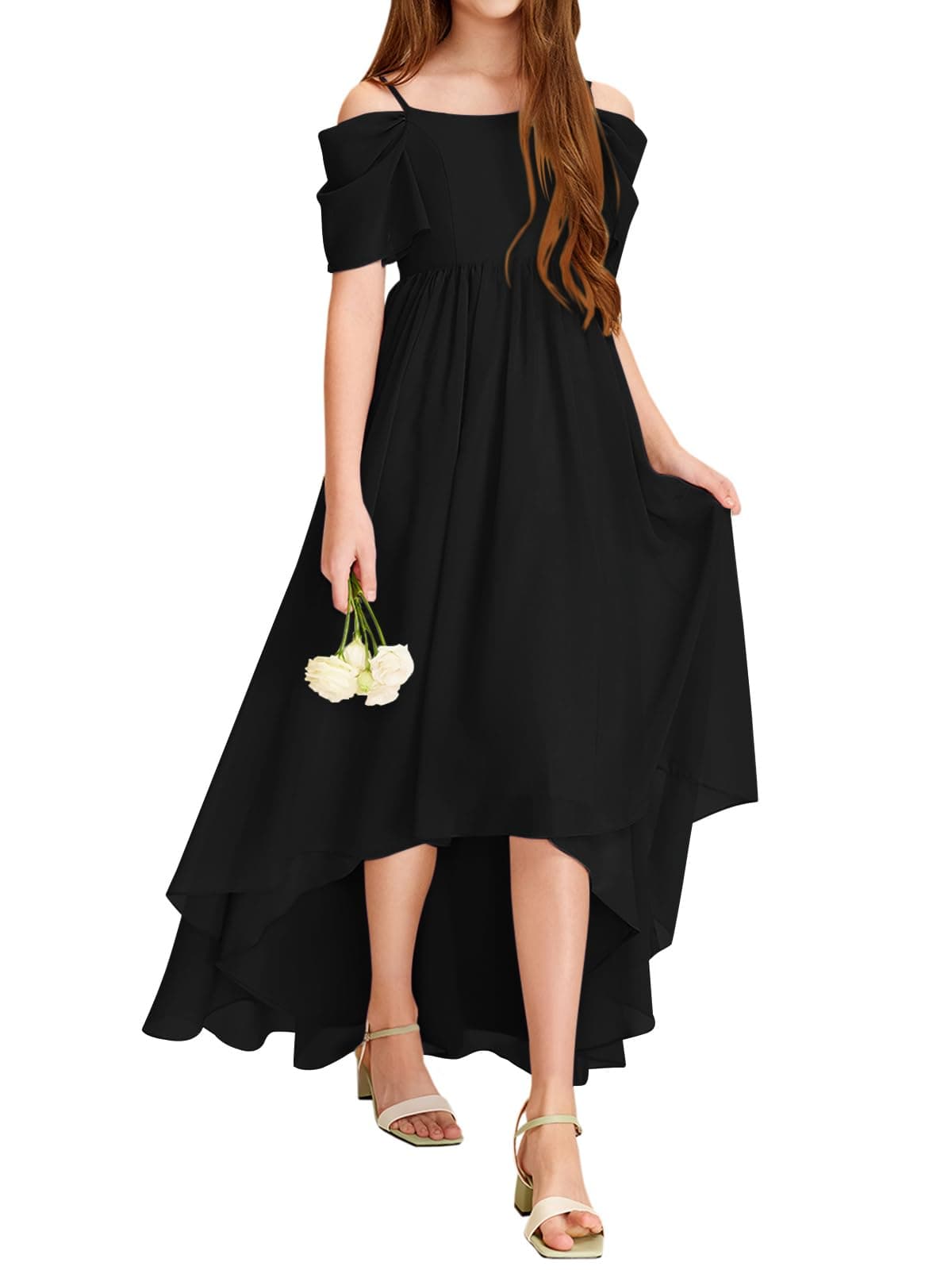 Haloumoning Girls Cold Shoulder Dress Aline Asymmetrical Chiffon Junior Bridesmaid Birthday Party Dress Black